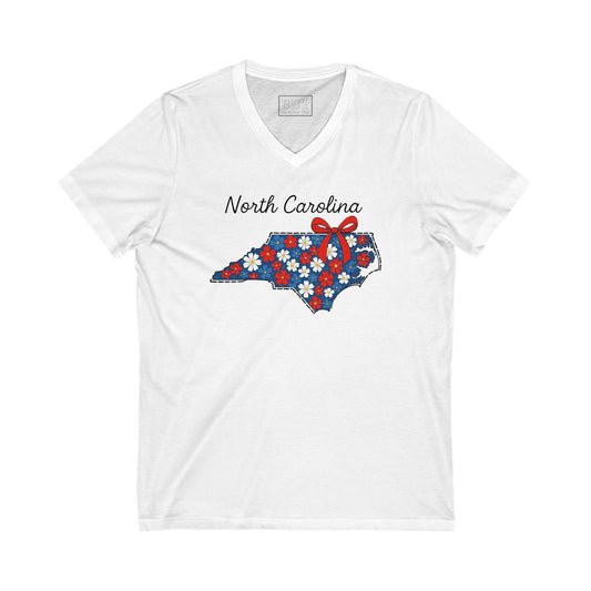 North Carolina Floral V-Neck Tee for Summer, Tourist Shirt, Gift for Travelers, State Pride T-Shirt, Southern Style Apparel