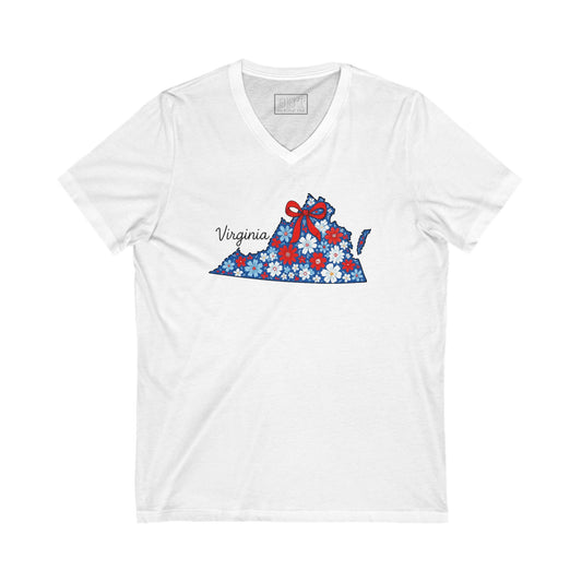 Virginia Floral V-Neck Tee, Unisex T-Shirt, Casual Wear, Gift for Him/Her, State Pride, Summer Fashion