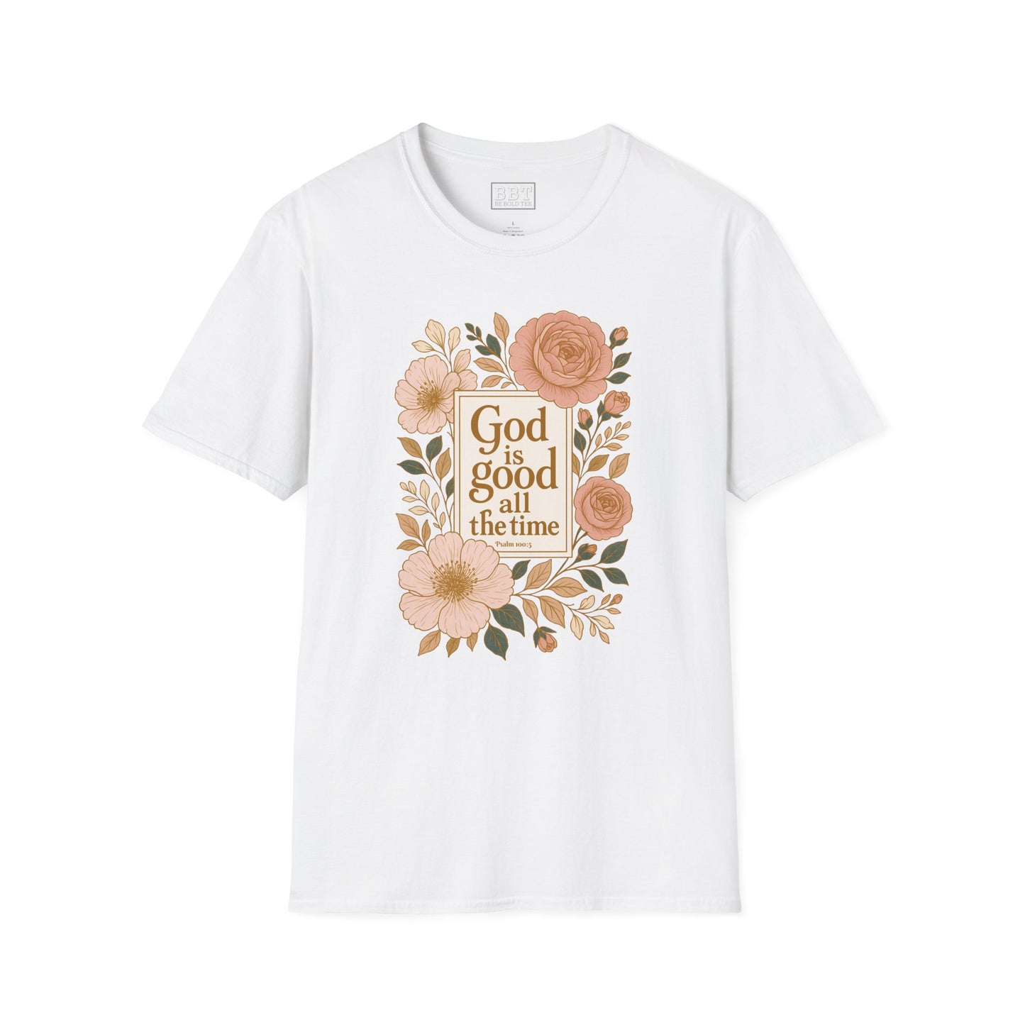 GOD IS GOOD ALL THE TIME ROSE GOLD FLORAL T-SHIRT NEW!