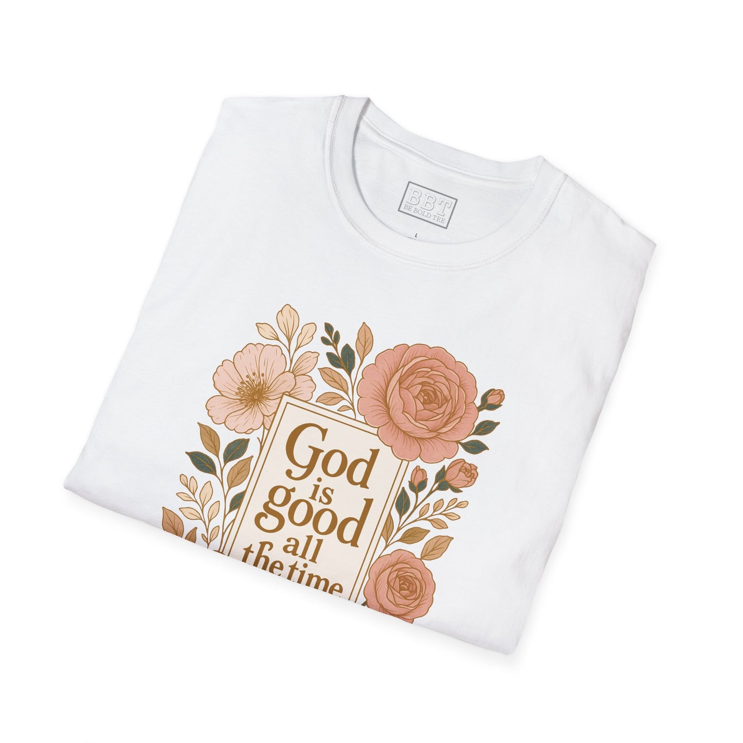 GOD IS GOOD ALL THE TIME ROSE GOLD FLORAL T-SHIRT NEW!
