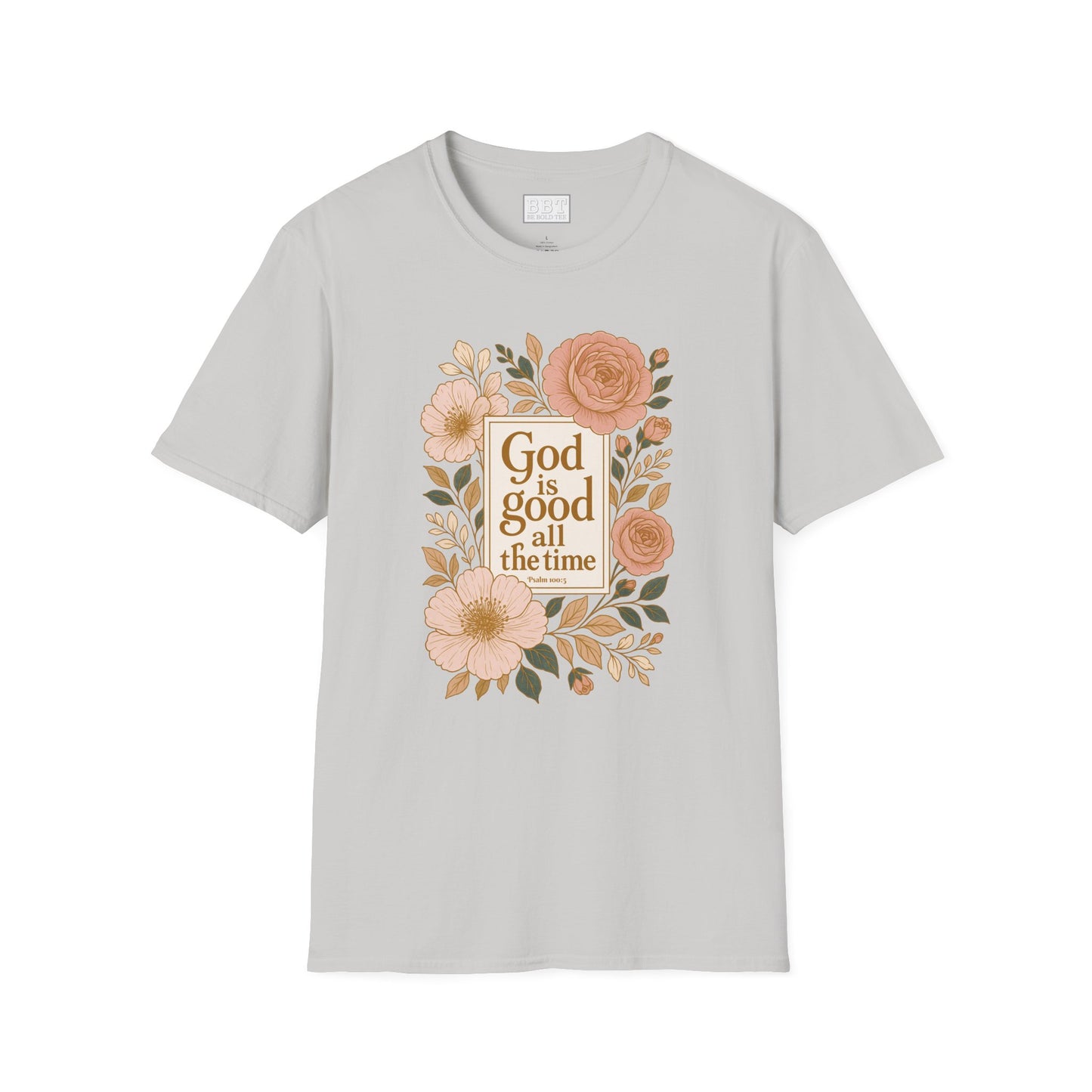 GOD IS GOOD ALL THE TIME ROSE GOLD FLORAL T-SHIRT NEW!