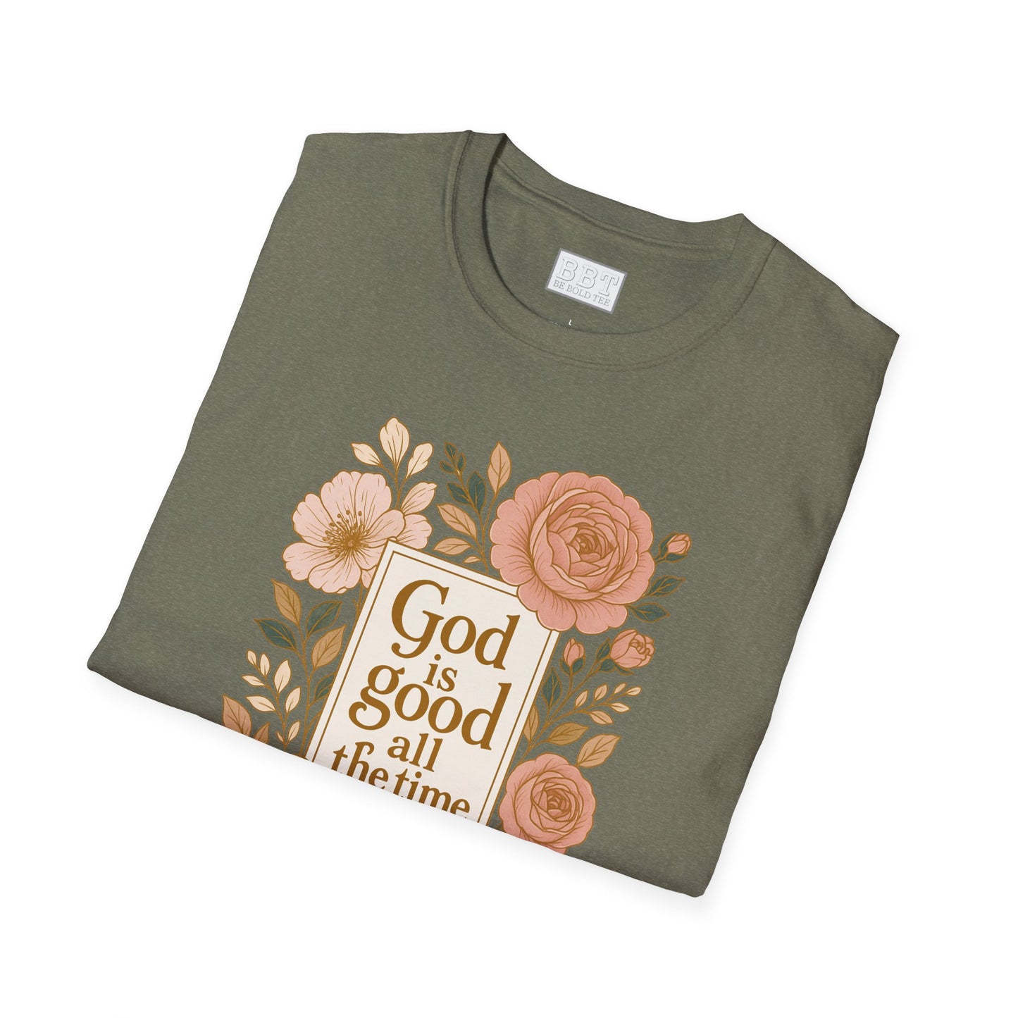 GOD IS GOOD ALL THE TIME ROSE GOLD FLORAL T-SHIRT NEW!