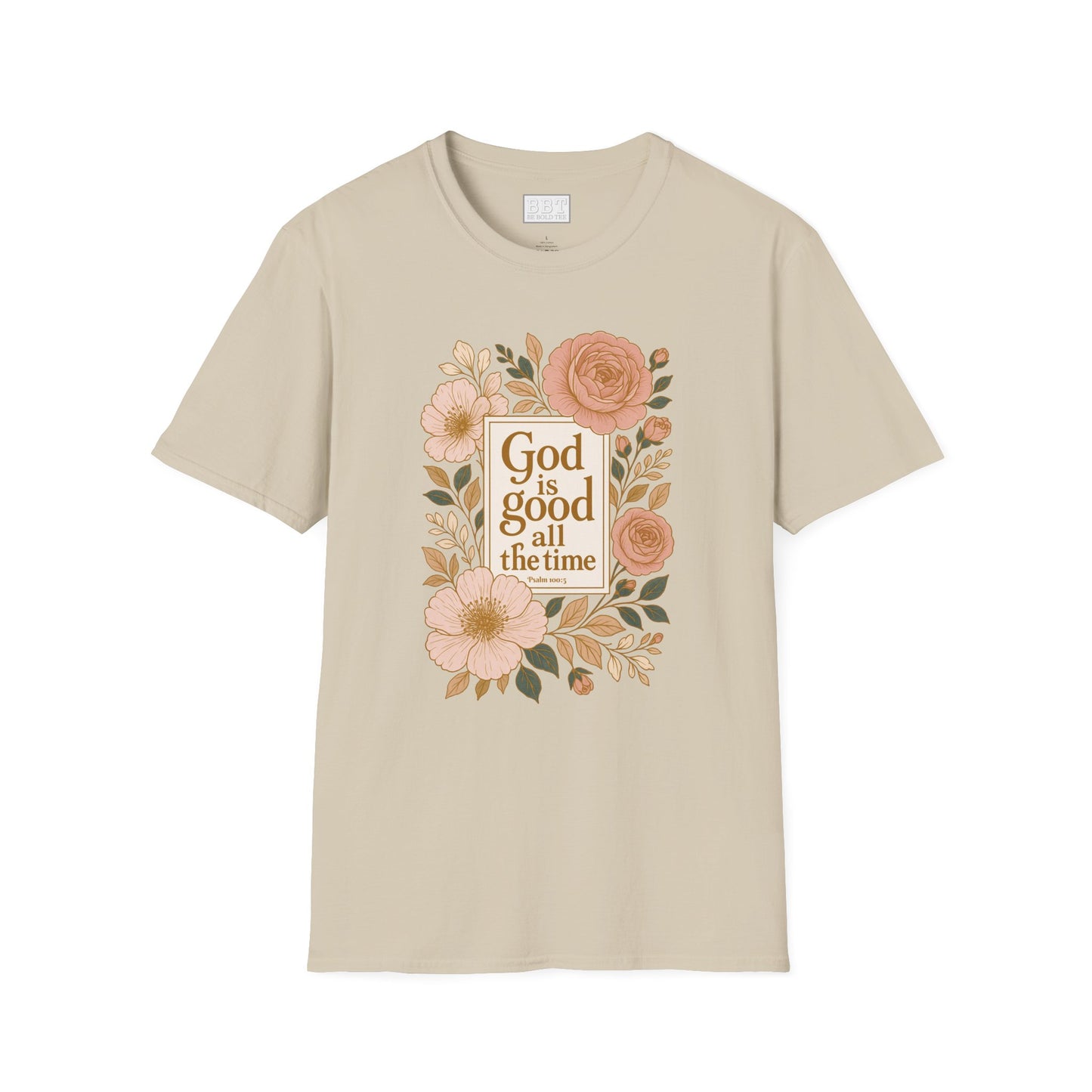 GOD IS GOOD ALL THE TIME ROSE GOLD FLORAL T-SHIRT NEW!