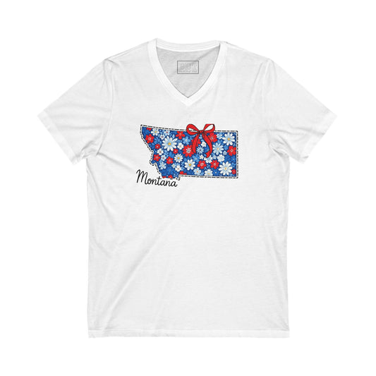 Montana Floral V-Neck Tee for Summer Fun, Casual Wear, Travel, Gifts, Outdoor Activities, State Pride Apparel