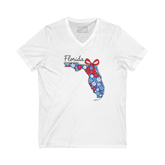Florida Floral V-Neck Tee - Perfect for Beach Days, Summer Vibes, Travel Souvenirs, Gift for Floridians, Eco-Friendly Fashion