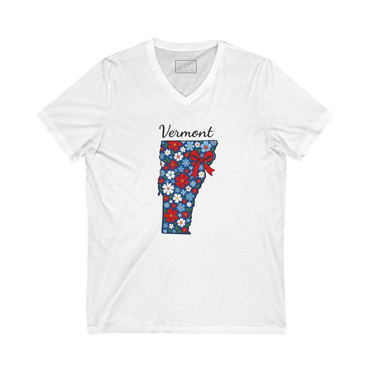 Vermont Floral V-Neck Tee, Summer Tee, Gift for Vermont Lovers, Celebration Apparel, State Pride Shirt