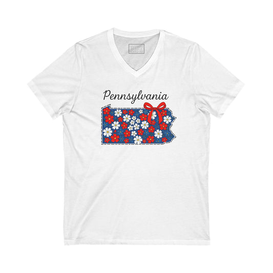 Pennsylvania Floral V-Neck Tee, Vintage State Shirt, Summer Casual Top, Gift for Her, Holiday Apparel, Pride in Pennsylvania