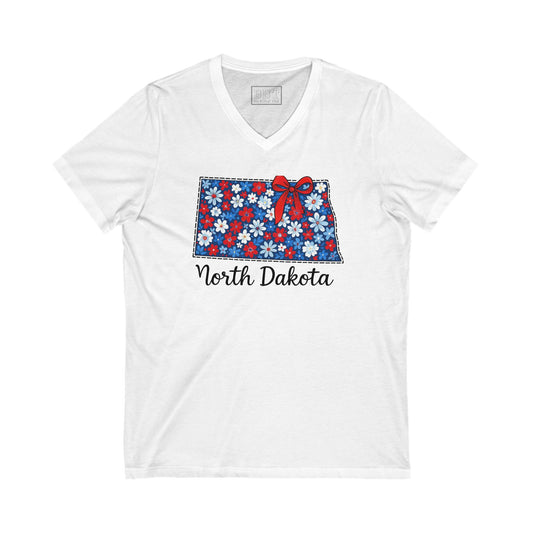North Dakota Floral V-Neck Tee, Casual Summer Shirt, Gift for Her, State Pride Apparel, Holiday Top, Comfortable Everyday Wear