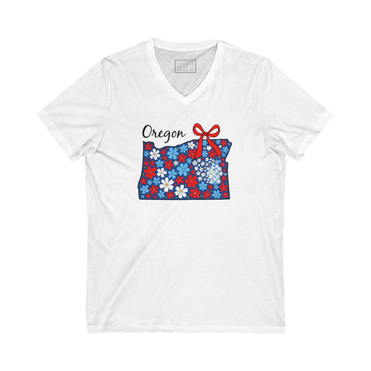 Oregon Floral V-Neck Tee, Unisex Shirt, Summer Casual Wear, Gift for Oregon Lovers, Fourth of July Style, Unique Oregon Tee