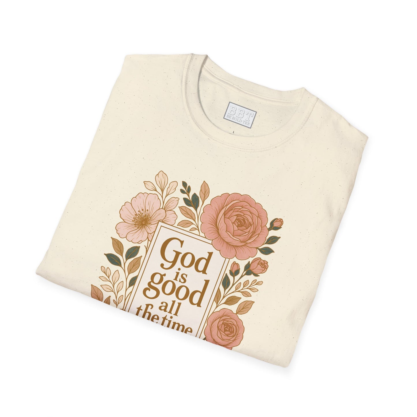 GOD IS GOOD ALL THE TIME ROSE GOLD FLORAL T-SHIRT NEW!