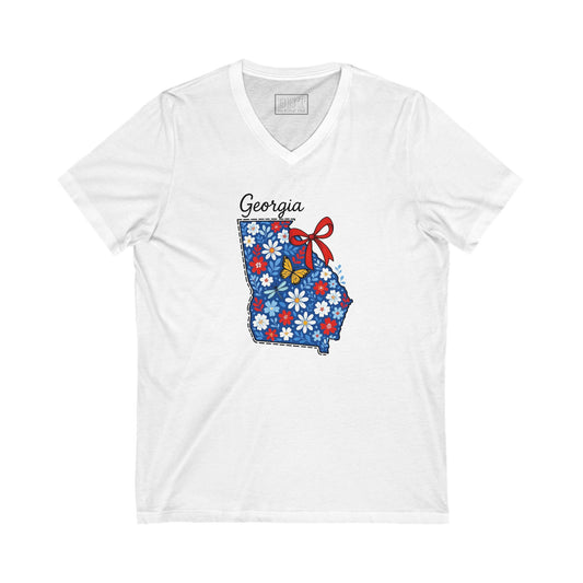 Georgia Floral V-Neck Tee, Summer Fashion, Gift for Her, State Pride Shirt, Beachwear, Travel Souvenir